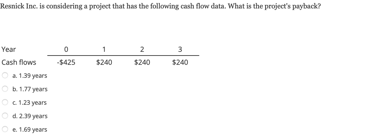 Resnick Inc. is considering a project that has the following cash flow data. What is the project's payback?
Year
Cash flows
a. 1.39 years
b. 1.77 years
c. 1.23 years
d. 2.39 years
e. 1.69 years
0
-$425
1
$240
2
$240
3
$240