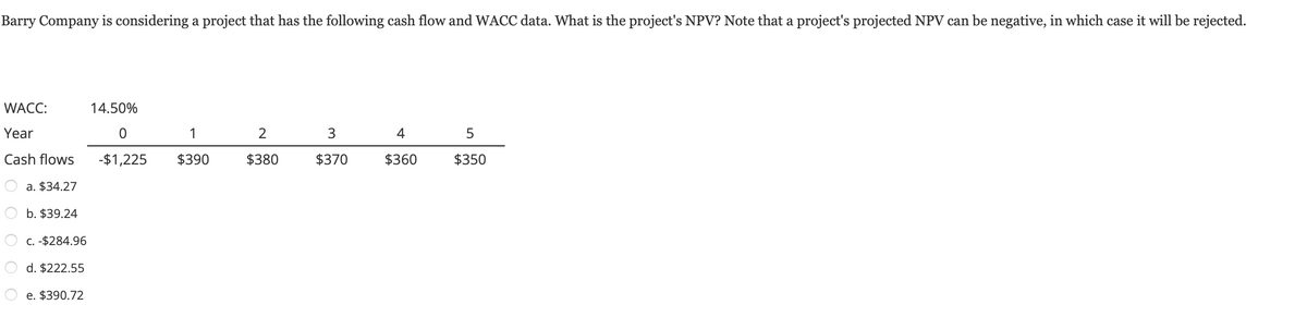 Barry Company is considering a project that has the following cash flow and WACC data. What is the project's NPV? Note that a project's projected NPV can be negative, in which case it will be rejected.
WACC:
Year
Cash flows
a. $34.27
b. $39.24
c. -$284.96
d. $222.55
e. $390.72
14.50%
0
-$1,225
1
$390
2
$380
3
$370
4
$360
$350
