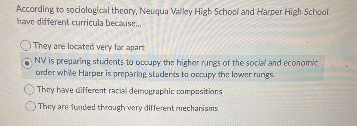According to sociological theory, Neuqua Valley High School and Harper High School
have different curricula because...
They are located very far apart
NV is preparing students to occupy the higher rungs of the social and economic
order while Harper is preparing students to occupy the lower rungs.
They have different racial demographic compositions
They are funded through very different mechanisms