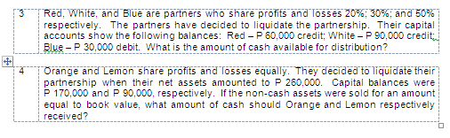 Red, White, and Blue are partners who share profits and losses 20%; 30%; and 50%
respectively. The partners have decided to liquidate the partnership. Their capital
accounts show the following balances: Red - P'60,000 credit; White - P 90,000 credit
Blue - P 30,000 debit. What is the amount of cash available for distribution?
Orange and Lemon share profits and losses equally. They decided to liquidate their
partnership when their net assets amounted to P 260,000. Capital balances were
P 170,000 and P 90,000, respectively. If the non-cash assets were sold for an amount
equal to book value, what amount of cash should Orange and Lemon respectively
received?
