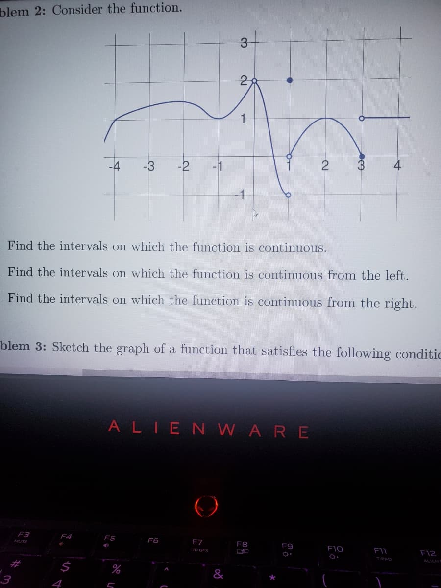 blem 2: Consider the function.
3
F3
MUTE
F4
2
M
-4 -3 -2
Find the intervals on which the function is continuous.
Find the intervals on which the function is continuous from the left.
Find the intervals on which the function is continuous from the right.
4
blem 3: Sketch the graph of a function that satisfies the following conditic
F5
ALIENWARE
%
S
F6
A
-
F7
I/D GFX
&
IN
F8
DE
F9
3
F10
F11
T-PAD
F12
ALIEN