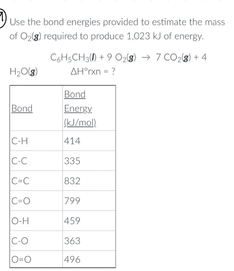 Use the bond energies provided to estimate the mass
of O₂(g) required to produce 1,023 kJ of energy.
H₂O(g)
Bond
C-H
C-C
|C=C
C=O
O-H
C-O
O=O
C6H5CH3)+9 O2(g) → 7 CO₂(g) + 4
AH°rxn = ?
Bond
Energy.
(kJ/mol)
414
335
832
799
459
363
496