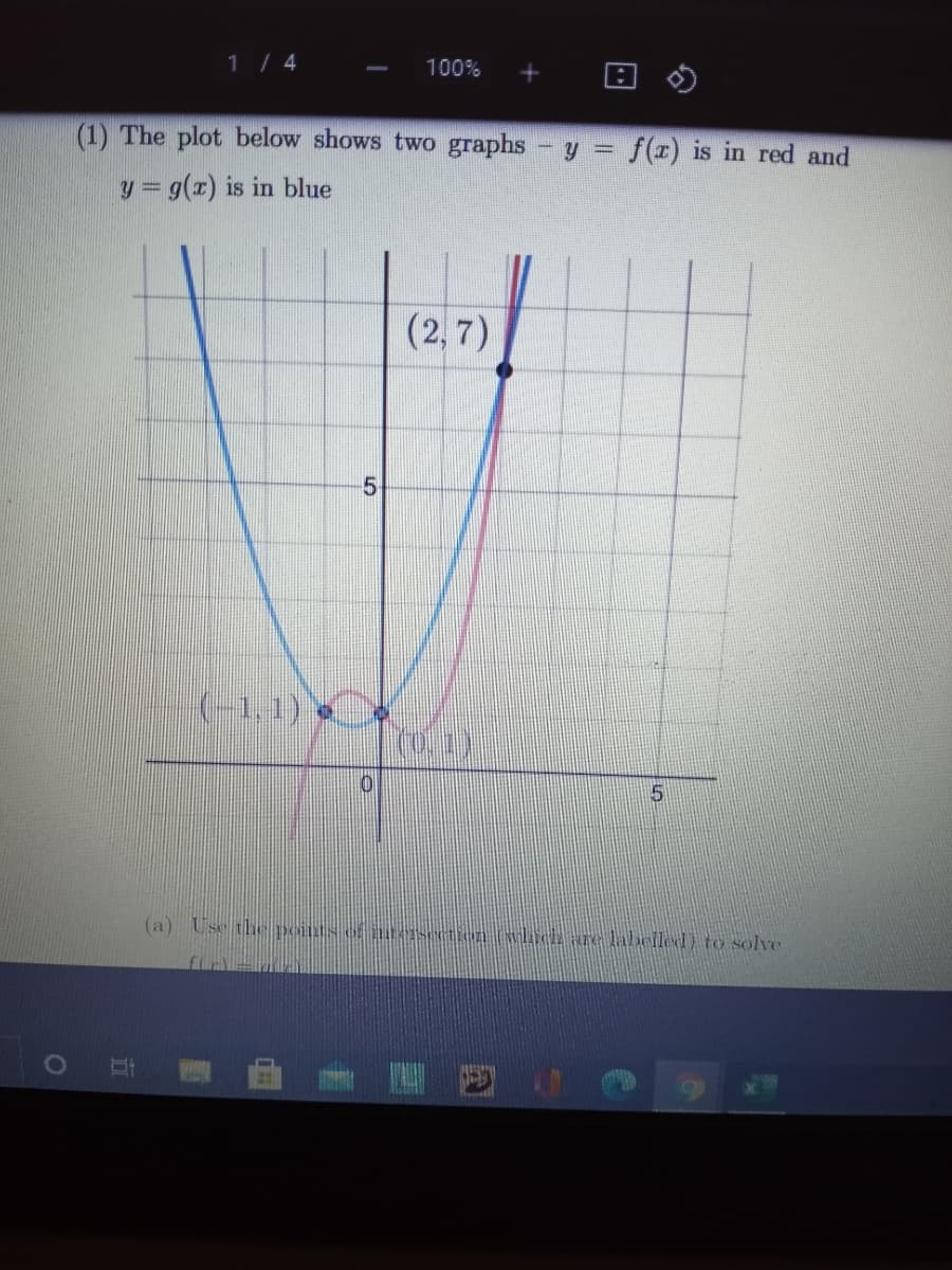 1/ 4
100%
(1) The plot below shows two graphs - y = f(z) is in red and
y = g(x) is in blue
(2, 7)
(-1, 1)
(a) Use the oints of arersrtin (which are labeiled) to solve
立
