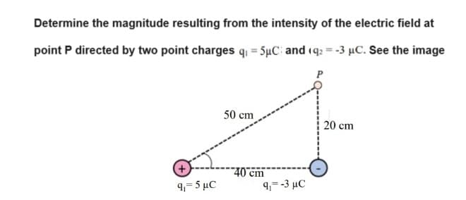 Determine the magnitude resulting from the intensity of the electric field at
point P directed by two point charges q₁ =5μC and (q2=-3 μC. See the image
50 cm
20 cm
40 cm
q₁-3 μ