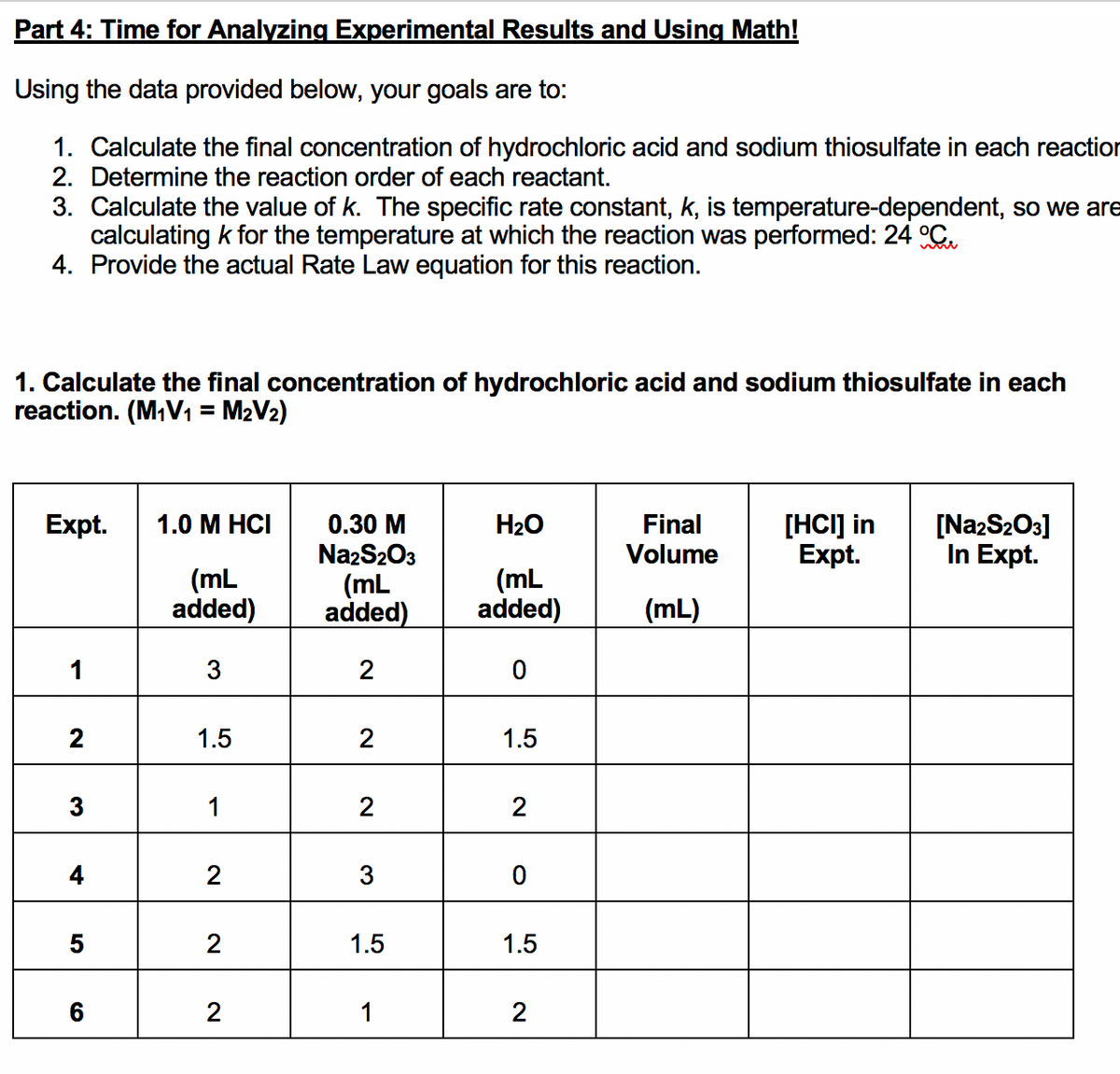 Part 4: Time for Analyzing Experimental Results and Using Math!
Using the data provided below, your goals are to:
1. Calculate the final concentration of hydrochloric acid and sodium thiosulfate in each reaction
2. Determine the reaction order of each reactant.
3. Calculate the value of k. The specific rate constant, k, is temperature-dependent, so we are
calculating k for the temperature at which the reaction was performed: 24 C.
4. Provide the actual Rate Law equation for this reaction.
1. Calculate the final concentration of hydrochloric acid and sodium thiosulfate in each
reaction. (M:V1 = M2V2)
Final
Volume
[HCI] in
Expt.
Expt.
1.0 M HCI
0.30 M
H20
[NazS203]
In Expt.
(mL
added)
NazS203
(mL
added)
(mL
added)
(mL)
1
3
2
2
1.5
2
1.5
3
1
4
3
5
2
1.5
1.5
6
2
1
2
