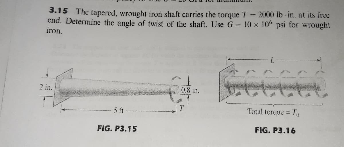 3.15 The tapered, wrought iron shaft carries the torque T 2000 lb in. at its free
end. Determine the angle of twist of the shaft. Use G = 10 x 106 psi for wrought
iron.
2 in.
0.8 in.
5 ft
Total torque To
FIG. P3.16
FIG. P3.15

