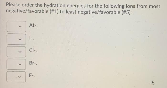 Please order the hydration energies for the following ions from most
negative/favorable (#1) to least negative/favorable (#5):
At-.
|-.
CI-.
Br-.
F-.
>
>
>
