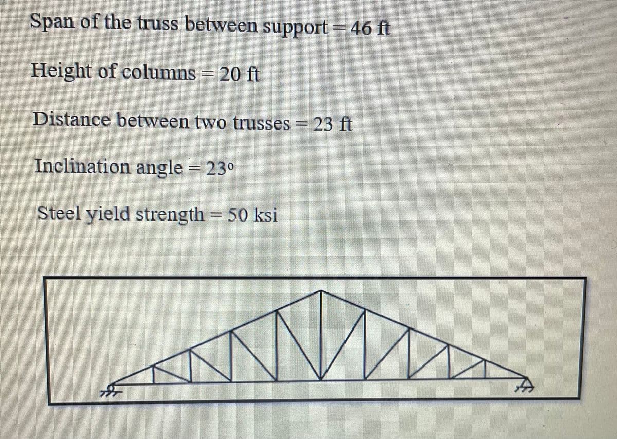Span of the truss between support = 46 ft
Height of columns= 20 ft
Distance between two trusses = 23 ft
Inclination angle = 23°
Steel yield strength = 50 ksi
#
MX
