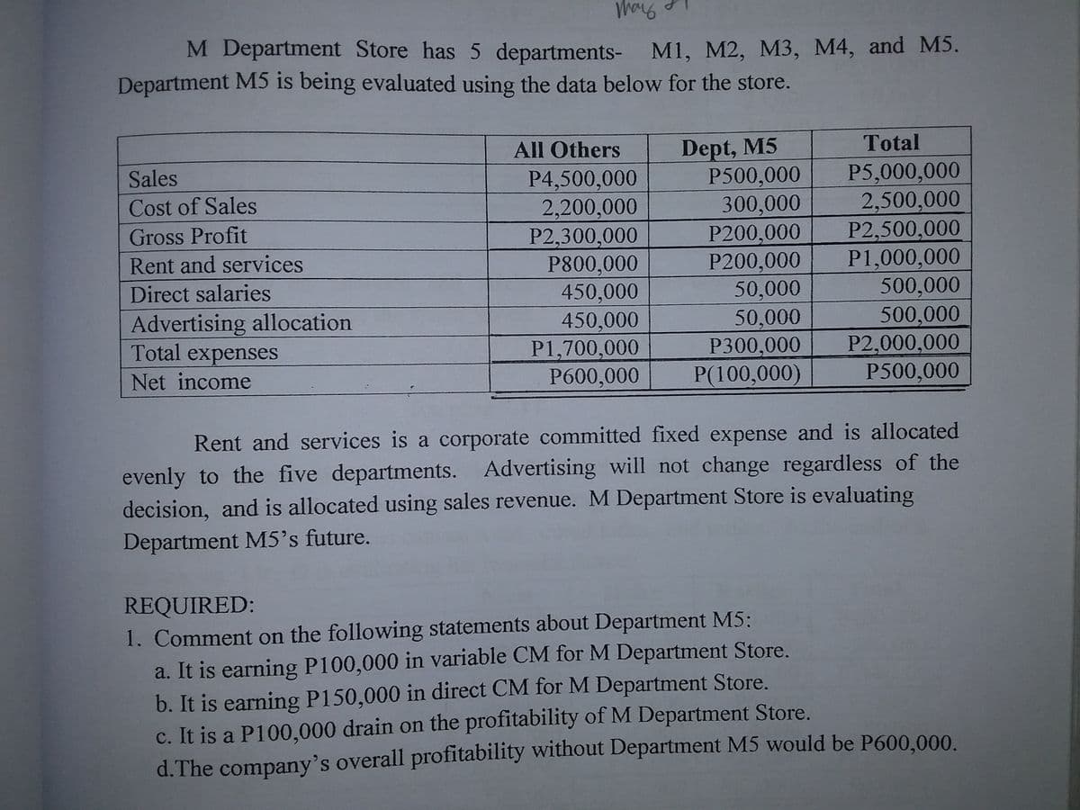 M Department Store has 5 departments- M1, M2, M3, M4, and M5.
Department M5 is being evaluated using the data below for the store.
Dept, M5
P500,000
300,000
P200,000
P200,000
50,000
50,000
Р300,000
P(100,000)
All Others
Total
Sales
P4,500,000
2,200,000
P2,300,000
P800,000
450,000
450,000
P1,700,000
Р600,000
P5,000,000
2,500,000
P2,500,000
P1,000,000
500,000
500,000
P2,000,000
P500,000
Cost of Sales
Gross Profit
Rent and services
Direct salaries
Advertising allocation
Total expenses
Net income
Rent and services is a corporate committed fixed expense and is allocated
evenly to the five departments. Advertising will not change regardless of the
decision, and is allocated using sales revenue. M Department Store is evaluating
Department M5's future.
REQUIRED:
1. Comment on the following statements about Department M5:
a. It is earning P100,000 in variable CM for M Department Store.
b. It is earning P150,000 in direct CM for M Department Store.
c. It is a P100,000 drain on the profitability of M Department Store.
d.The company's overall profitability without Department M5 would be P600,000.

