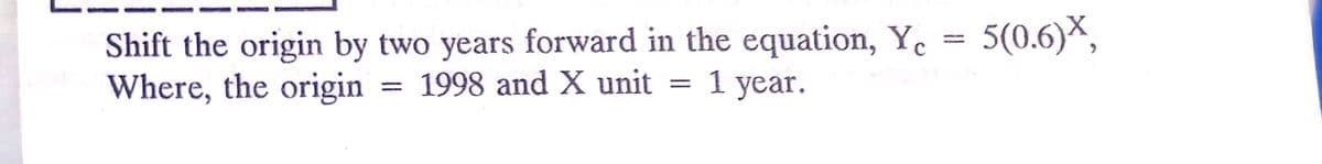 5(0.6)X,
Shift the origin by two years forward in the equation, Y.
Where, the origin
1998 and X unit
1 year.
