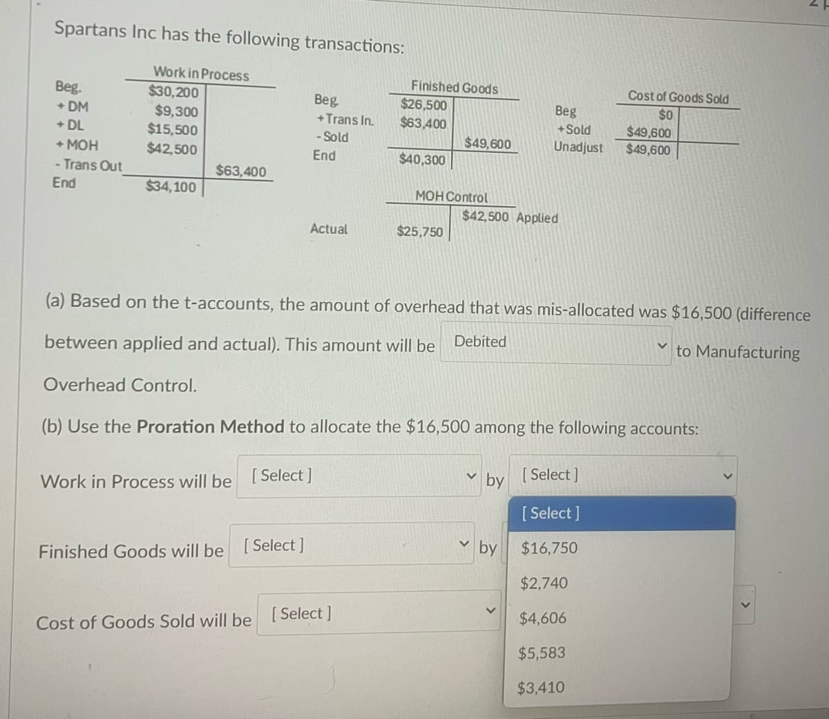 Spartans Inc has the following transactions:
Work in Process
Finished Goods
Cost of Goods Sold
Beg.
+ DM
$30,200
Beg
$26,500
Beg
$0
$9,300
+Trans In.
$63,400
+Sold
$49,600
+ DL
$15,500
- Sold
$49,600
Unadjust
$49,600
+ MOH
$42,500
End
$40,300
- Trans Out
$63,400
End
$34,100
MOH Control
$42,500 Applied
Actual
$25,750
(a) Based on the t-accounts, the amount of overhead that was mis-allocated was $16,500 (difference
between applied and actual). This amount will be Debited
✓
to Manufacturing
Overhead Control.
(b) Use the Proration Method to allocate the $16,500 among the following accounts:
Work in Process will be
[Select]
Finished Goods will be [Select]
Cost of Goods Sold will be
[Select]
by
[Select]
[Select]
by
$16,750
$2,740
$4,606
$5,583
$3,410