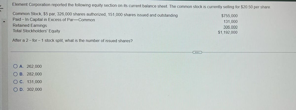 Element Corporation reported the following equity section on its current balance sheet. The common stock is currently selling for $20.50 per share.
$755,000
Common Stock, $5 par, 326,000 shares authorized, 151,000 shares issued and outstanding
Paid In Capital in Excess of Par-Common
131,000
306,000
$1,192,000
Retained Earnings
Total Stockholders' Equity
After a 2-for- 1 stock split, what is the number of issued shares?
OA. 262,000
OB. 282,000
OC. 131,000
OD. 302,000