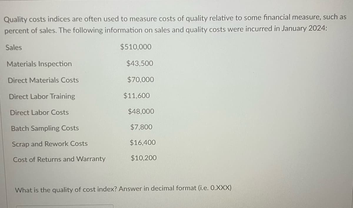 Quality costs indices are often used to measure costs of quality relative to some financial measure, such as
percent of sales. The following information on sales and quality costs were incurred in January 2024:
Sales
$510,000
Materials Inspection
$43,500
Direct Materials Costs
$70,000
Direct Labor Training
$11,600
Direct Labor Costs
$48,000
Batch Sampling Costs
$7,800
Scrap and Rework Costs
$16,400
Cost of Returns and Warranty
$10,200
What is the quality of cost index? Answer in decimal format (i.e. O.XXX)