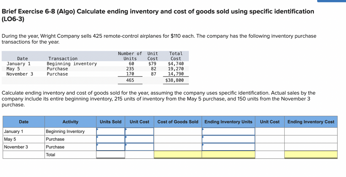Brief Exercise 6-8 (Algo) Calculate ending inventory and cost of goods sold using specific identification
(LO6-3)
During the year, Wright Company sells 425 remote-control airplanes for $110 each. The company has the following inventory purchase
transactions for the year.
Date
January 1
May 5
November 3
Date
Transaction
Beginning inventory
Purchase
Purchase
January 1
May 5
November 3
Number of
Units
60
235
170
465
Calculate ending inventory and cost of goods sold for the year, assuming the company uses specific identification. Actual sales by the
company include its entire beginning inventory, 215 units of inventory from the May 5 purchase, and 150 units from the November 3
purchase.
Activity
Beginning Inventory
Purchase
Purchase
Total
Unit
Cost
$79
82
87
Total
Cost
$4,740
19,270
14,790
$38,800
Units Sold Unit Cost Cost of Goods Sold Ending Inventory Units Unit Cost
Ending Inventory Cost