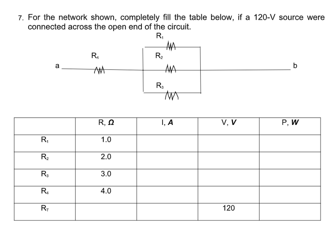 7. For the network shown, completely fill the table below, if a 120-V source were
connected across the open end of the circuit.
R,
AMA
R,
R2
a
b
MA
R3
R, N
I, A
V, V
Р, W
R,
1.0
R2
2.0
R3
3.0
4.0
120
