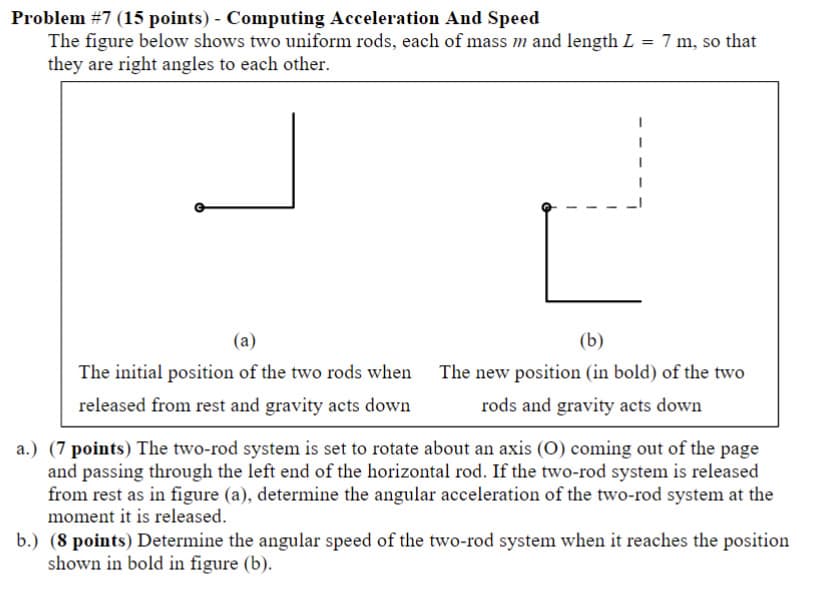 Problem #7 (15 points) - Computing Acceleration And Speed
The figure below shows two uniform rods, each of mass m and length L = 7 m, so that
they are right angles to each other.
(a)
The initial position of the two rods when
released from rest and gravity acts down
(b)
The new position (in bold) of the two
rods and gravity acts down
a.) (7 points) The two-rod system is set to rotate about an axis (O) coming out of the page
and passing through the left end of the horizontal rod. If the two-rod system is released
from rest as in figure (a), determine the angular acceleration of the two-rod system at the
moment it is released.
b.) (8 points) Determine the angular speed of the two-rod system when it reaches the position
shown in bold in figure (b).