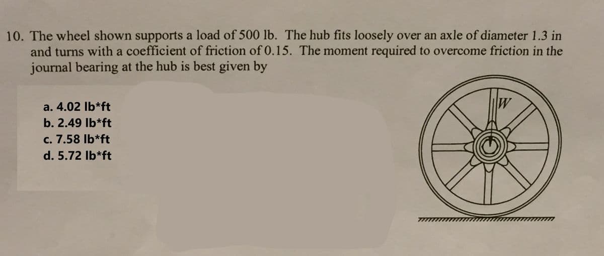 10. The wheel shown supports a load of 500 lb. The hub fits loosely over an axle of diameter 1.3 in
and turns with a coefficient of friction of 0.15. The moment required to overcome friction in the
journal bearing at the hub is best given by
a. 4.02 lb*ft
b. 2.49 lb*ft
c. 7.58 lb*ft
d.5.72 lb*ft
W