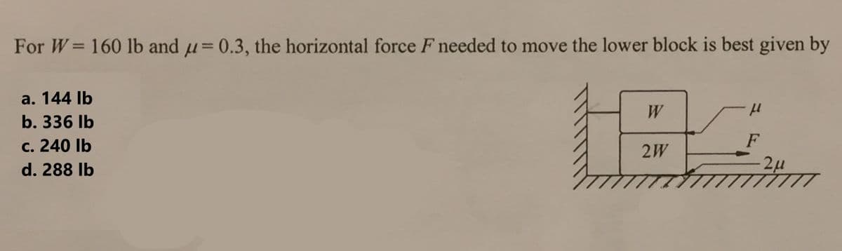 For W = 160 lb and u=0.3, the horizontal force F needed to move the lower block is best given by
W
194
2W
a. 144 lb
b. 336 lb
c. 240 lb
d. 288 lb
F
2μ