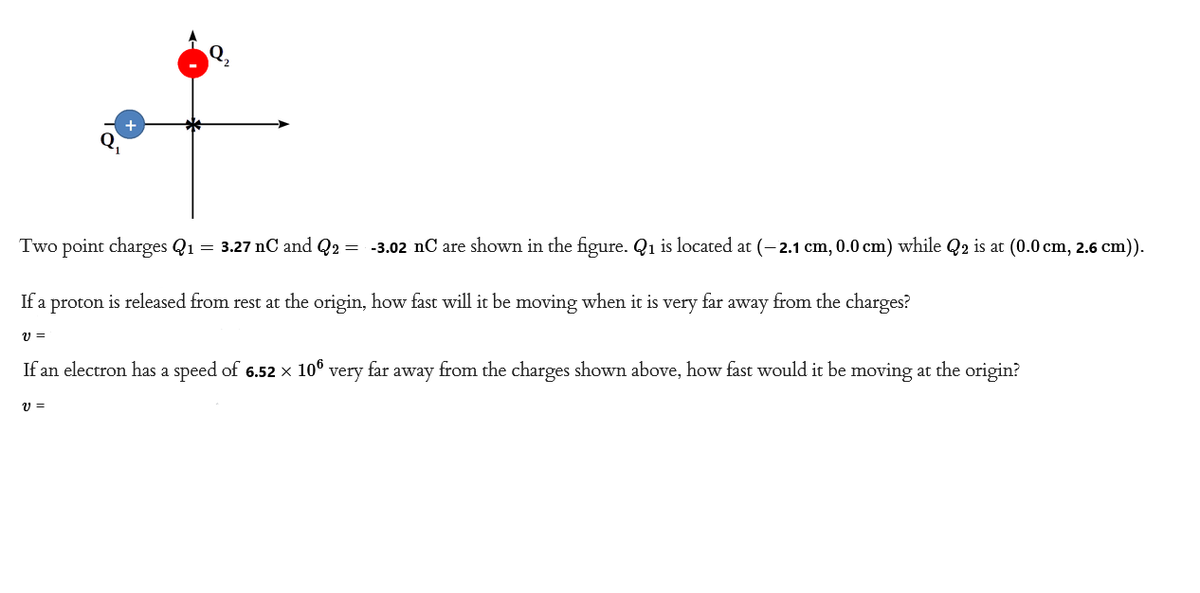 Two point charges Q₁ = 3.27 nC and Q2 =
-3.02 nC are shown in the figure. Q₁ is located at (-2.1 cm, 0.0 cm) while Q2 is at (0.0 cm, 2.6 cm)).
from the charges?
very far away
If a proton is released from rest at the origin, how fast will it be moving when it is
V =
If an electron has a speed of 6.52 × 106 very far away from the charges shown above, how fast would it be moving at the origin?
V =