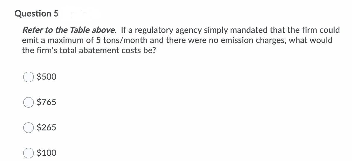 Question 5
Refer to the Table above. If a regulatory agency simply mandated that the firm could
emit a maximum of 5 tons/month and there were no emission charges, what would
the firm's total abatement costs be?
$500
$765
$265
$100
