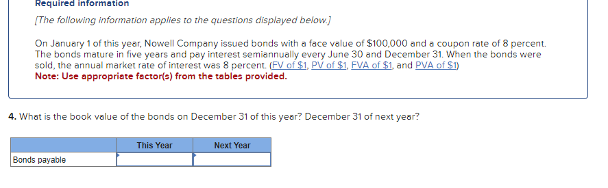 Required information
[The following information applies to the questions displayed below.]
On January 1 of this year, Nowell Company issued bonds with a face value of $100,000 and a coupon rate of 8 percent.
The bonds mature in five years and pay interest semiannually every June 30 and December 31. When the bonds were
sold, the annual market rate of interest was 8 percent. (FV of $1, PV of $1, FVA of $1, and PVA of $1)
Note: Use appropriate factor(s) from the tables provided.
4. What is the book value of the bonds on December 31 of this year? December 31 of next year?
Bonds payable
This Year
Next Year