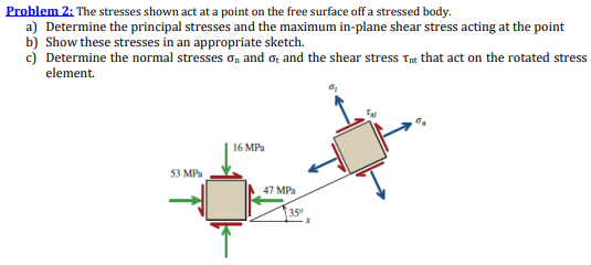 Problem 2: The stresses shown act at a point on the free surface off a stressed body.
a) Determine the principal stresses and the maximum in-plane shear stress acting at the point
b) Show these stresses in an appropriate sketch.
c) Determine the normal stresses on and ot and the shear stress Tnt that act on the rotated stress
element.
53 MPa
16 MPa
47 MPa
35⁰