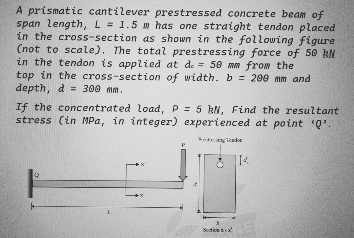 A prismatic cantilever prestressed concrete beam of
span length, L = 1.5 m has one straight tendon placed
in the cross-section as shown in the following figure
(not to scale). The total prestressing force of 50 kN
in the tendon is applied at de = 50 mm from the
top in the cross-section of width. b = 200 mm and
depth, d = 300 mm.
If the concentrated load, P = 5 kN, Find the resultant
stress (in MPa, in integer) experienced at point 'Q'.
O
L
P
d
Prestressing Tendon
14
b
Section x - x'
I a
2