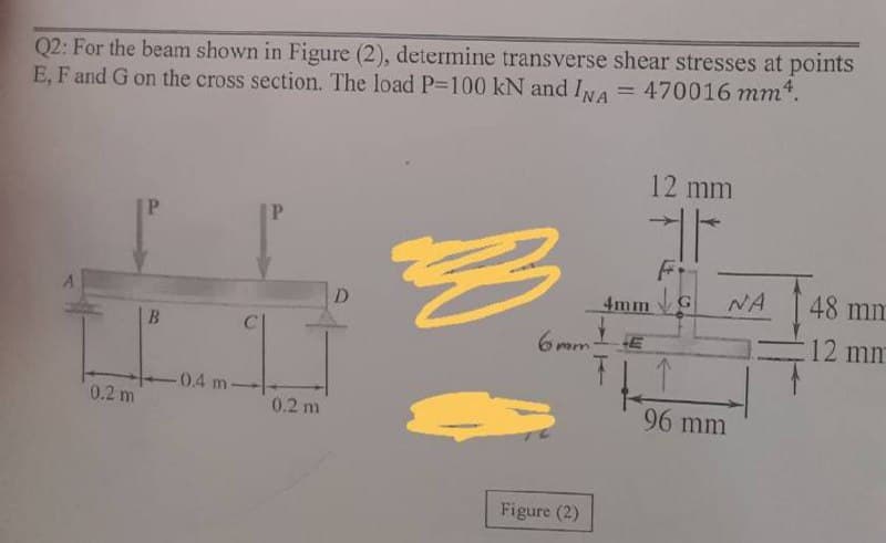 Q2: For the beam shown in Figure (2), determine transverse shear stresses at points
E, F and G on the cross section. The load P-100 kN and INA
= 470016 mm*.
%3D
12 mm
P.
P
Fi
D
4mm G NA
48 mm
6 mm
12 mm
-0.4 m-
0.2 m
0.2 m
96 mm
Figure (2)
