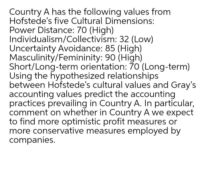 Country A has the following values from
Hofstede's five Cultural Dimensions:
Power Distance: 70 (High)
Individualism/Collectivism: 32 (Low)
Uncertainty Avoidance: 85 (High)
Masculinity/Femininity: 90 (High)
Short/Long-term orientation: 70 (Long-term)
Using the hypothesized relationships
between Hofstede's cultural values and Gray's
accounting values predict the accounting
practices prevailing in Country A. In particular,
comment on whether in Country A we expect
to find more optimistic profit measures or
more conservative measures employed by
companies.
