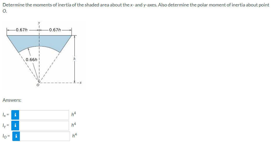 Determine the moments of inertia of the shaded area about the x- and y-axes. Also determine the polar moment of inertia about point
O.
-0.67h
Answers:
lx =
i
ly= i
lo= i
0.66h
-0.67h
h
h4
h4
h4