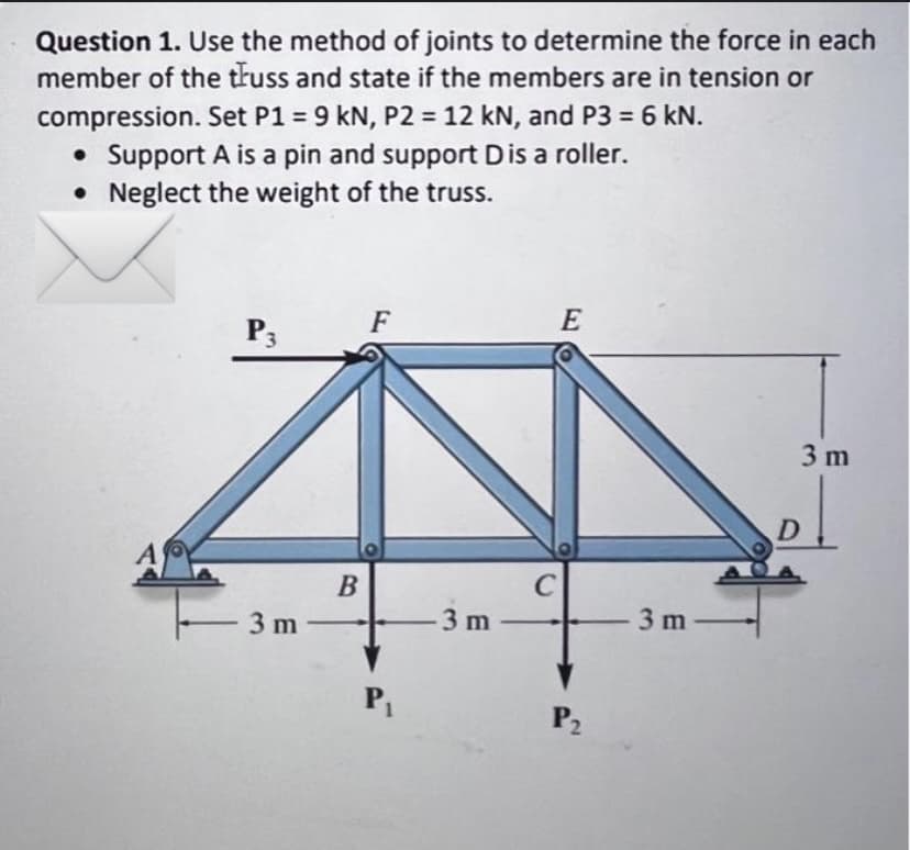 Question 1. Use the method of joints to determine the force in each
member of the truss and state if the members are in tension or
compression. Set P1 = 9 kN, P2 = 12 kN, and P3 = 6 kN.
• Support A is a pin and support Dis a roller.
• Neglect the weight of the truss.
E
P3
3 m
A
B
C
3 m
3 m
3 m
P1
P2
