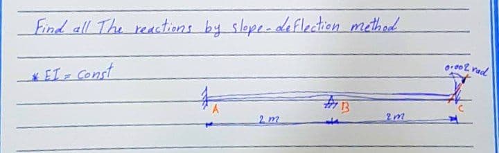 Find all The reactions by slope-deflection method
* EI = Const
B
2 m
2m
0.002 rad