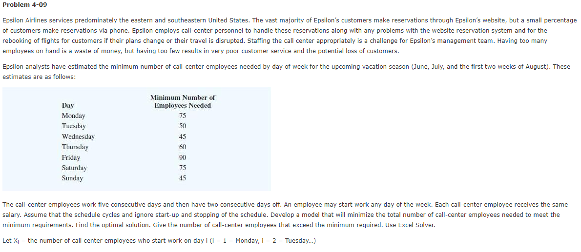 Problem 4-09
Epsilon Airlines services predominately the eastern and southeastern United States. The vast majority of Epsilon's customers make reservations through Epsilon's website, but a small percentage
of customers make reservations via phone. Epsilon employs call-center personnel to handle these reservations along with any problems with the website reservation system and for the
rebooking of flights for customers if their plans change or their travel is disrupted. Staffing the call center appropriately is a challenge for Epsilon's management team. Having too many
employees on hand is a waste of money, but having too few results in very poor customer service and the potential loss of customers.
Epsilon analysts have estimated the minimum number of call-center employees needed by day of week for the upcoming vacation season (June, July, and the first two weeks of August). These
estimates are as follows:
Minimum Number of
Employees Needed
Day
Monday
75
Tuesday
50
Wednesday
45
Thursday
60
Friday
90
Saturday
75
Sunday
45
The call-center employees work five consecutive days and then have two consecutive days off. An employee may start work any day of the week. Each call-center employee receives the same
salary. Assume that the schedule cycles and ignore start-up and stopping of the schedule. Develop a model that will minimize the total number of call-center employees needed to meet the
minimum requirements. Find the optimal solution. Give the number of call-center employees that exceed the minimum required. Use Excel Solver.
Let X; = the number of call center employees who start work on day i (i = 1 = Monday, i = 2 = Tuesday.)
