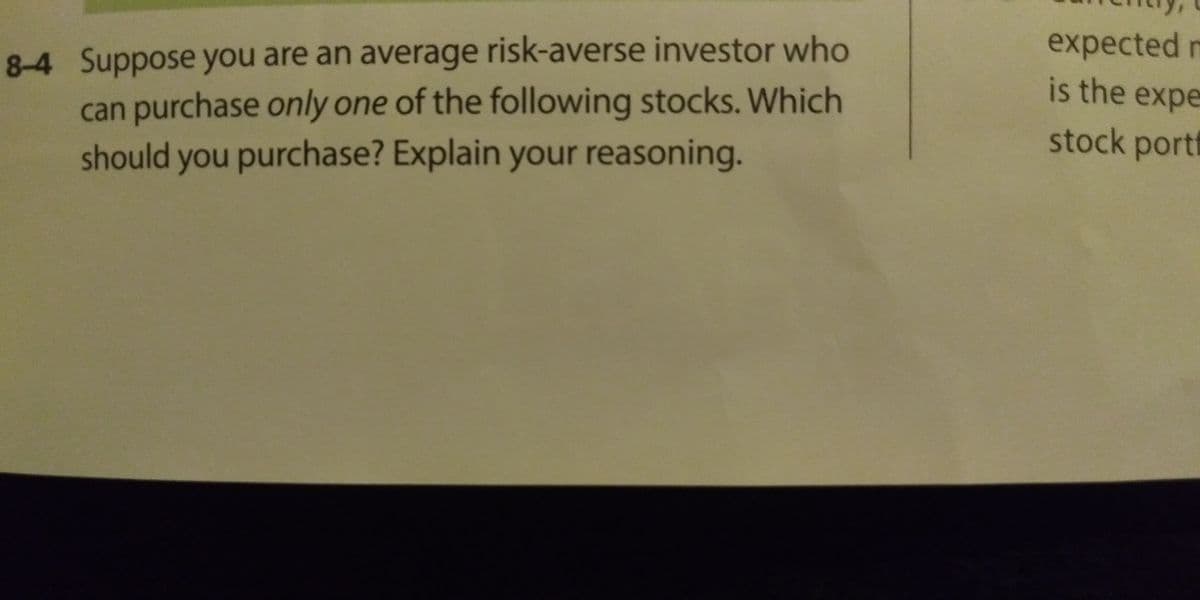 expected m
is the expe
8-4 Suppose you are an average risk-averse investor who
can purchase only one of the following stocks. Which
should you purchase? Explain your reasoning.
stock porti

