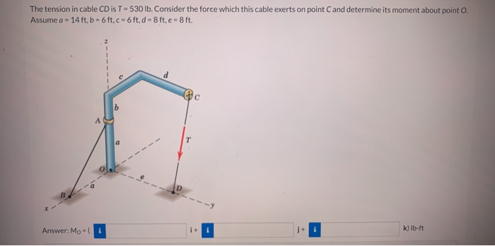 The tension in cable CD is T= 530 lb. Consider the force which this cable exerts on point Cand determine its moment about point O.
Assume a = 14 ft, b = 6 ft, c = 6 ft, d=8 ft, e- 8 ft.
