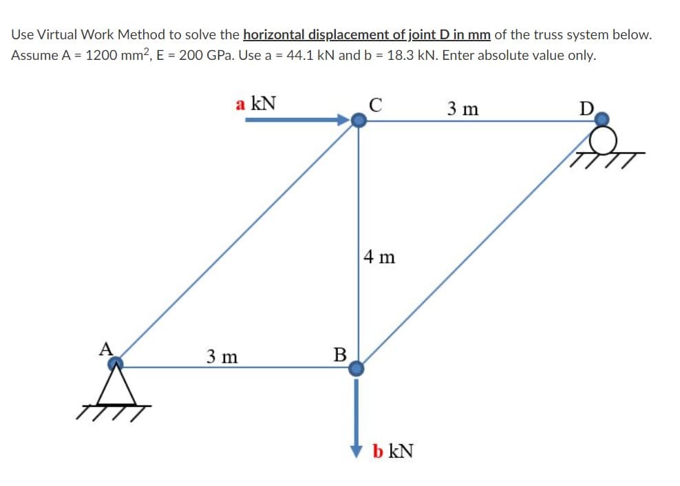 Use Virtual Work Method to solve the horizontal displacement of joint D in mm of the truss system below.
Assume A = 1200 mm2, E = 200 GPa. Use a = 44.1 kN and b = 18.3 kN. Enter absolute value only.
a kN
C
3 m
4 m
3 m
b kN
