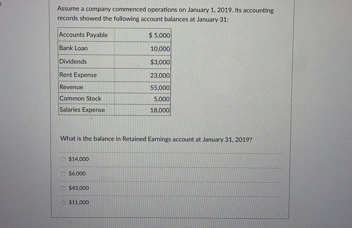 Assume a company commenced operations on January 1, 2019. Its accounting
records showed the following account balances at January 31:
Accounts Payable
$5,000
Bank Loan
10,000
Dividends
$3,000
Rent Expense
23,000
Revenue
55,000
Common Stock
5,000
Salaries Expense
18,000
What is the balance in Retained Earnings account at January 31, 2019?
$14,000
$6,000
$43,000
O $11,000
