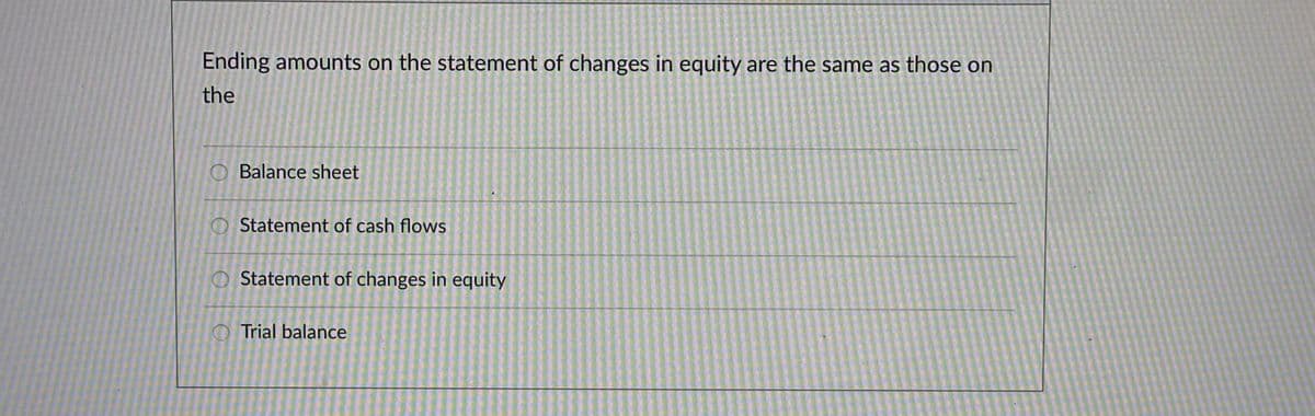 Ending amounts on the statement of changes in equity are the same as those on
the
OBalance sheet
Statement of cash flows
Statement of changes in equity
Trial balance