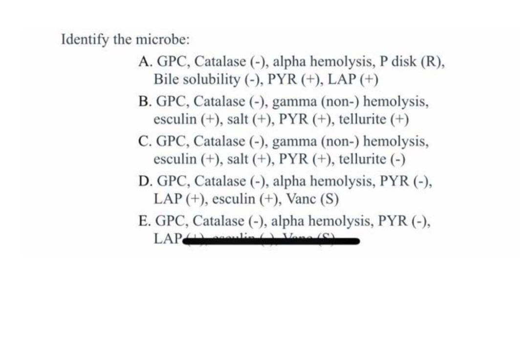Identify the microbe:
A. GPC, Catalase (-), alpha hemolysis, P disk (R),
Bile solubility (-), PYR (+), LAP (+)
B. GPC, Catalase (-), gamma (non-) hemolysis,
esculin (+), salt (+), PYR (+), tellurite (+)
C. GPC, Catalase (-), gamma (non-) hemolysis,
esculin (+), salt (+), PYR (+), tellurite (-)
D. GPC, Catalase (-), alpha hemolysis, PYR (-),
LAP (+), esculin (+), Vanc (S)
E. GPC, Catalase (-), alpha hemolysis, PYR (-),
LAP lin Va /
