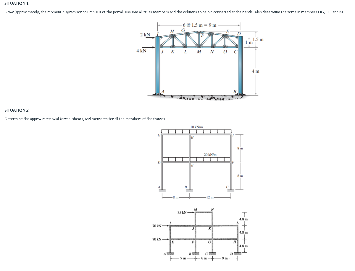 SITUATION 1
Draw (approximately) the moment diagram for column AJI of the portal. Assume all truss members and the columns to be pin connected at their ends. Also determine the force in members HG, HL, and KL.
6 @ 1.5 m = 9 m
2 kN
T1.5 m
1m
4 kN
к L м N о с
4 m
B
SITUATION 2
Determine the approximate axial forces, shears, and moments for all the members of the frames.
10 kN/m
8m
20 kN/m
8 m
B
12 m
35 kN
4.8 m
70 kN
K
4.8 m
70 kN
F
G
H
4.8 m
B
6 m --
9 m
-9 m
