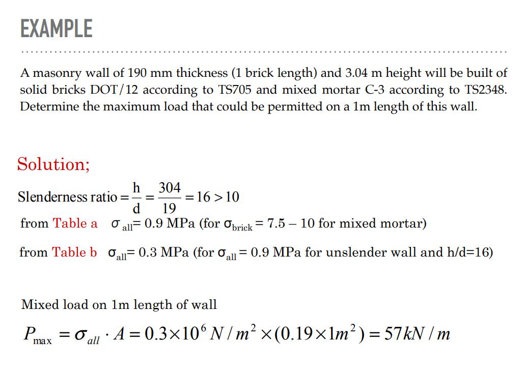 EXAMPLE
A masonry wall of 190 mm thickness (1 brick length) and 3.04 m height will be built of
solid bricks DOT/12 according to TS705 and mixed mortar C-3 according to TS2348.
Determine the maximum load that could be permitted on a 1m length of this wall.
Solution;
h 304
Slenderness ratio ===
=16>10
d 19
from Table a O all 0.9 MPa (for brick = 7.5-10 for mixed mortar)
from Table ball 0.3 MPa (for all = 0.9 MPa for unslender wall and h/d=16)
Mixed load on 1m length of wall
P =all A=0.3×106 N/m² ×(0.19×1m²) = 57kN/m
max