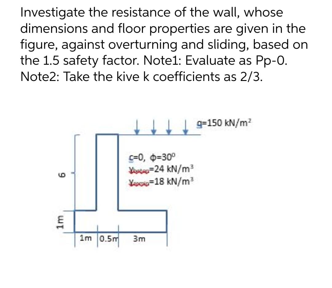 Investigate the resistance of the wall, whose
dimensions and floor properties are given in the
figure, against overturning and sliding, based on
the 1.5 safety factor. Note1: Evaluate as Pp-0.
Note2: Take the kive k coefficients as 2/3.
|g=150 kN/m²
c=0, 0-30°
Vosted 24 kN/m³
X=18 kN/m³
6
1m
1m 0.5m 3m