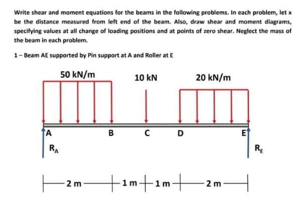 Write shear and moment equations for the beams in the following problems. In each problem, let x
be the distance measured from left end of the beam. Also, draw shear and moment diagrams,
specifying values at all change of loading positions and at points of zero shear. Neglect the mass of
the beam in each problem.
1-Beam AE supported by Pin support at A and Roller at E
50 kN/m
10 kN
20 kN/m
C
A
RA
2 m
B
D
+1m+1m+2
2 m
E
RE
