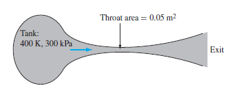 Throat area =
area = 0.05 m2
Tank:
400 K, 300 kPa
Exit
