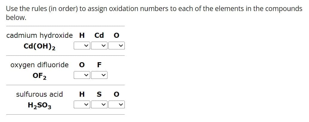 Use the rules (in order) to assign oxidation numbers to each of the elements in the compounds
below.
cadmium hydroxide H
Cd O
Cd(OH)2
oxygen difluoride
O
F
OF2
sulfurous acid
H
S
H2SO3
く
✓
✓