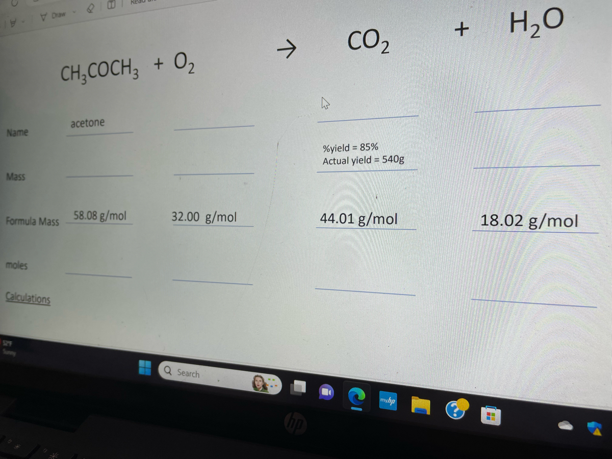 V
Name
Mass
Draw
Formula Mass
moles
Calculations
CH3COCH3 + 0₂
acetone
58.08 g/mol
32.00 g/mol
Q Search
↑
CO₂
%yield = 85%
Actual yield=540g
44.01 g/mol
myhp
+
H₂O
18.02 g/mol
+