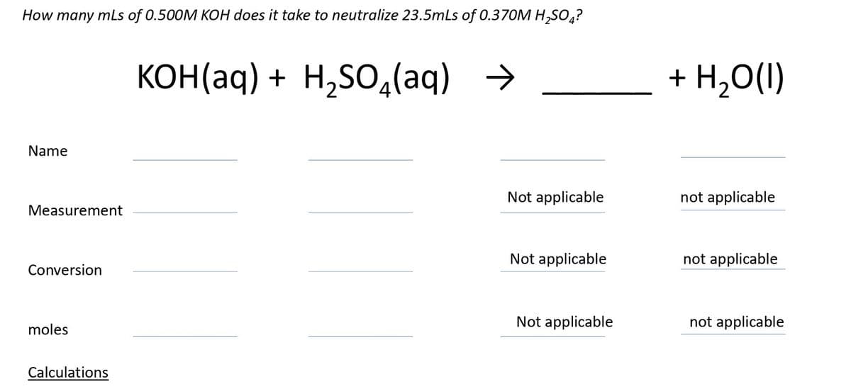 How many mls of 0.500M KOH does it take to neutralize 23.5mLs of 0.370M H₂SO4?
кOH(aq) + H2SO4(aq) →
Name
Measurement
Conversion
moles
Calculations
+ H2O(l)
Not applicable
not applicable
Not applicable
not applicable
Not applicable
not applicable