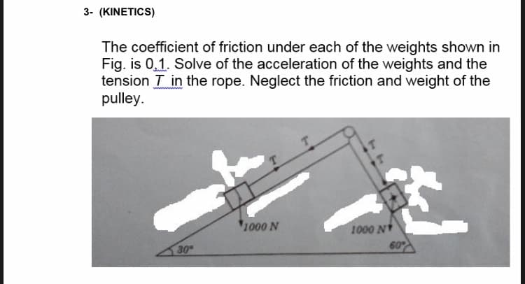 3- (KINETICS)
The coefficient of friction under each of the weights shown in
Fig. is 0,1. Solve of the acceleration of the weights and the
tension T in the rope. Neglect the friction and weight of the
pulley.
1000 N
1000 N
60
30
