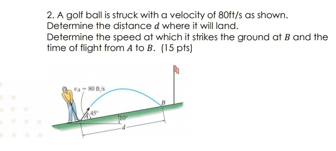 2. A golf ball is struck with a velocity of 80ft/s as shown.
Determine the distance d where it will land.
Determine the speed at which it strikes the ground at B and the
time of flight from A to B. (15 pts)
VA- 80 ft /s
10
