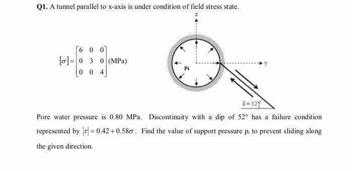 Q1. A tunnel parallel to x-axis is under condition of field stress state.
[6 0 0]
[0]=0 3 0 (MPa)
%3D
00
4.
6 = 52
Pore water pressure is 0.80 MPa. Discontinuity with a dip of 52° has a failure condition
represented by r= 0.42+0.580. Find the value of support pressure p, to prevent sliding along
the given direction.
